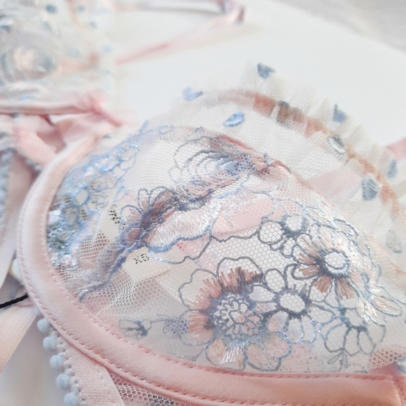 NWT For Love & Lemons Delicate Foil Rose Blue and Pink Bra XS - Picture 7 of 9